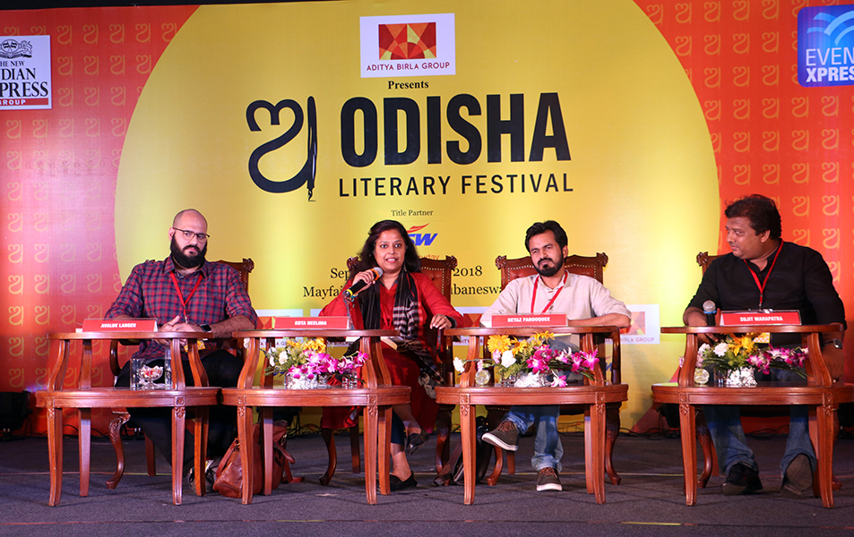 Panelists Avalok Langer, Kota Neelima, Neyaz Farooquee and Sujit Mahapatra at the session - 'Embracing the other, can the written world help'